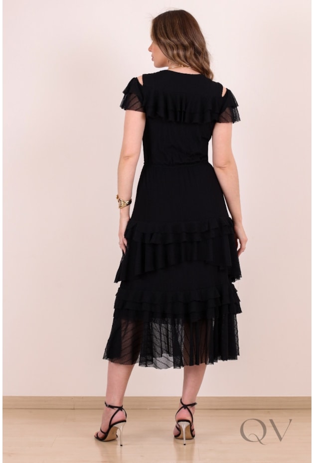 VESTIDO GODÊ EM TULE TEXTURIZADO PRETO - PURO SHARMY