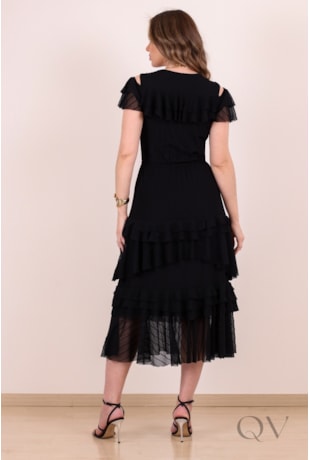 VESTIDO GODÊ EM TULE TEXTURIZADO PRETO - PURO SHARMY VESTIDO GODÊ EM TULE TEXTURIZADO PRETO - PURO SHARMY