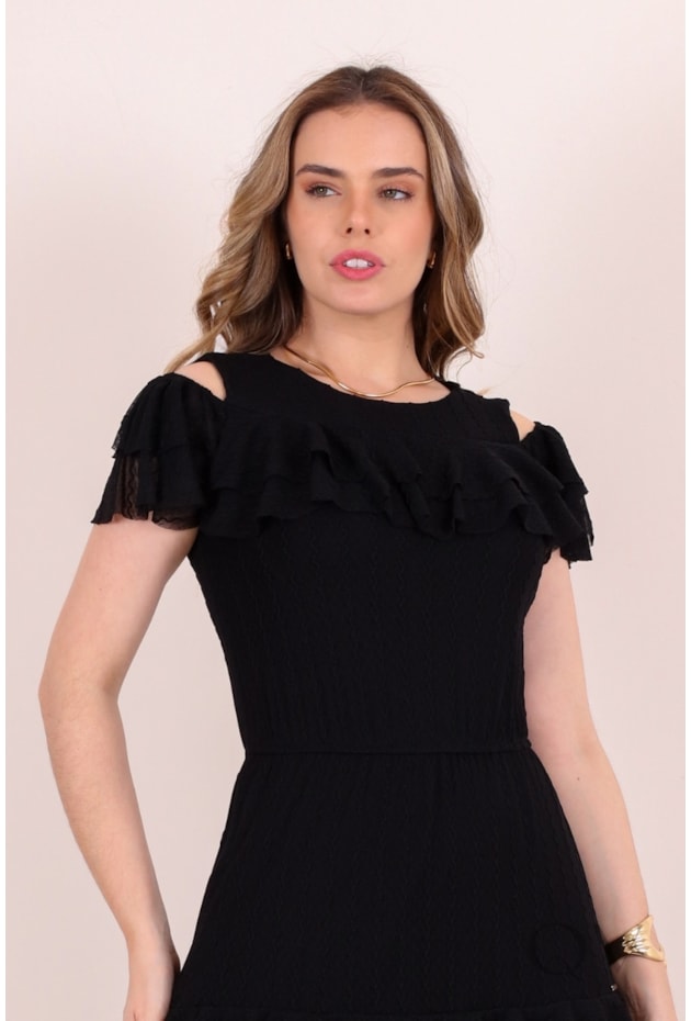 VESTIDO GODÊ EM TULE TEXTURIZADO PRETO - PURO SHARMY