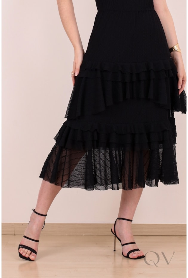 VESTIDO GODÊ EM TULE TEXTURIZADO PRETO - PURO SHARMY