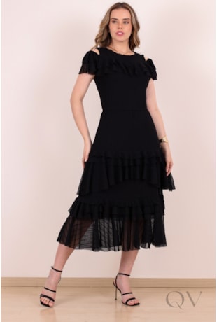 VESTIDO GODÊ EM TULE TEXTURIZADO PRETO - PURO SHARMY