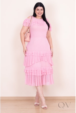 VESTIDO GODÊ EM TULE TEXTURIZADO ROSA - PURO SHARMY