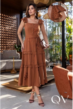 VESTIDO GODÊ EM VOIL E VISCOSE BORDADO MARROM - LUZIA FAZZOLLI