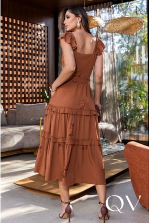 VESTIDO GODÊ EM VOIL E VISCOSE BORDADO MARROM - LUZIA FAZZOLLI