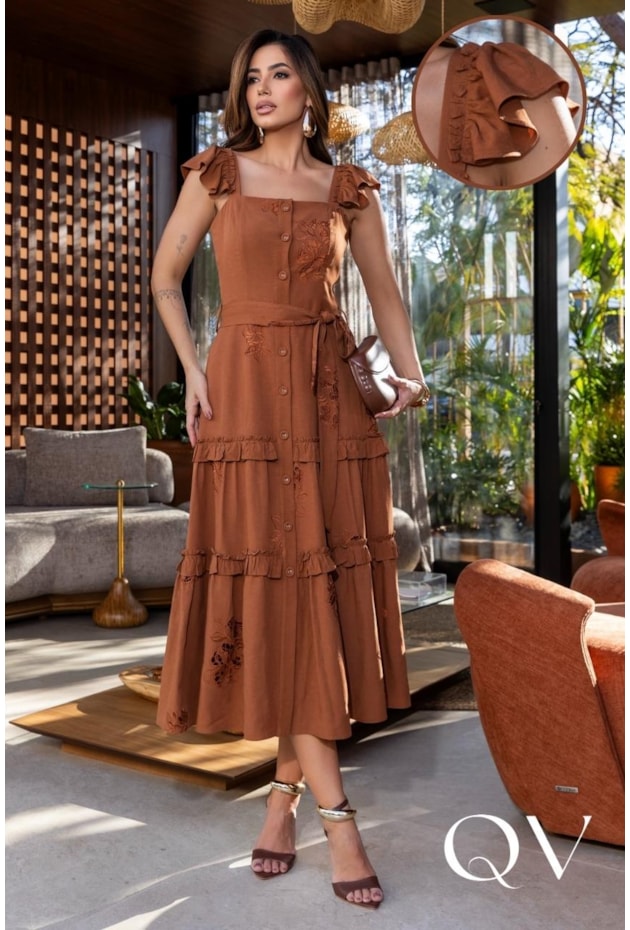 VESTIDO GODÊ EM VOIL E VISCOSE BORDADO MARROM - LUZIA FAZZOLLI