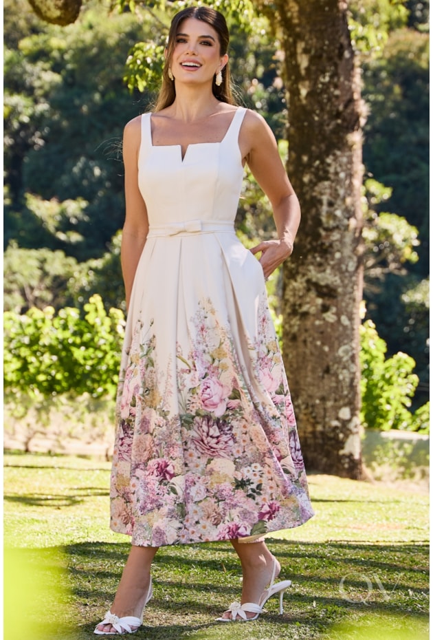 VESTIDO GODÊ FLORAL EM CREPE ESTAMPADO - LUZIA FAZZOLLI