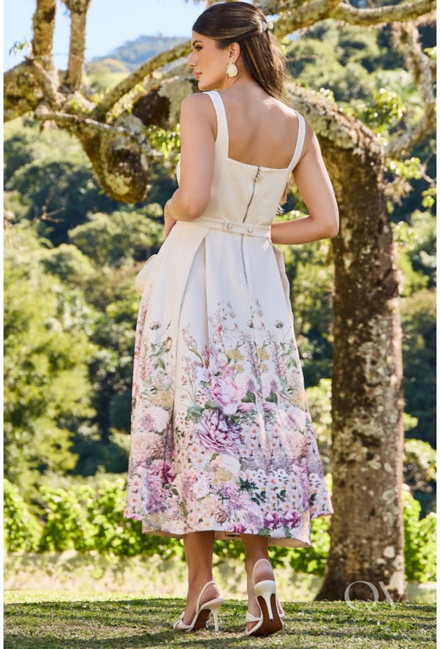 VESTIDO GODÊ FLORAL EM CREPE ESTAMPADO - LUZIA FAZZOLLI