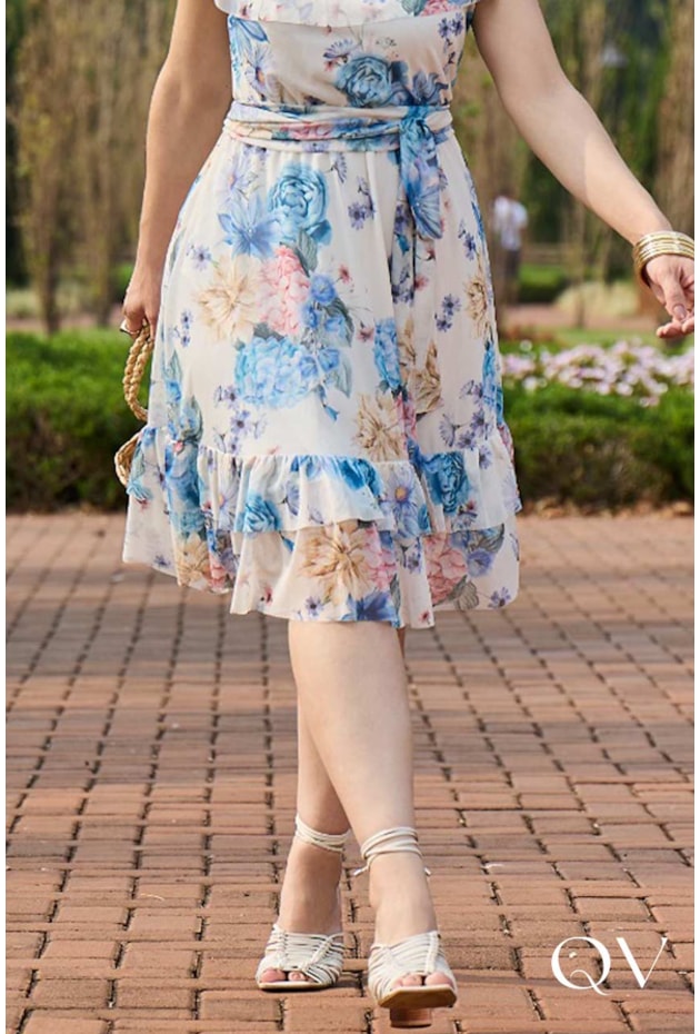 VESTIDO GODÊ FLORAL EM TULE CREME - JANY PIM