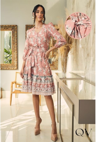 VESTIDO GODÊ GOLA PADRE FLORAL ROSA - JANY PIM