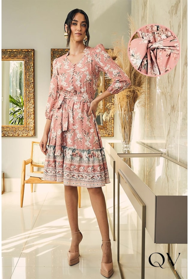 VESTIDO GODÊ GOLA PADRE FLORAL ROSA - JANY PIM VESTIDO GODÊ GOLA PADRE FLORAL ROSA - JANY PIM