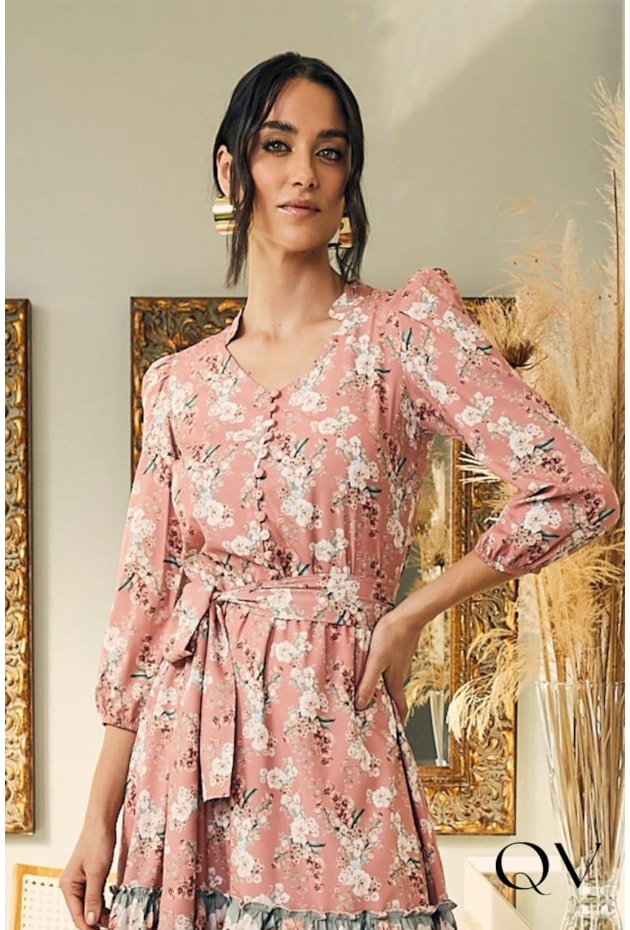 VESTIDO GODÊ GOLA PADRE FLORAL ROSA - JANY PIM VESTIDO GODÊ GOLA PADRE FLORAL ROSA - JANY PIM