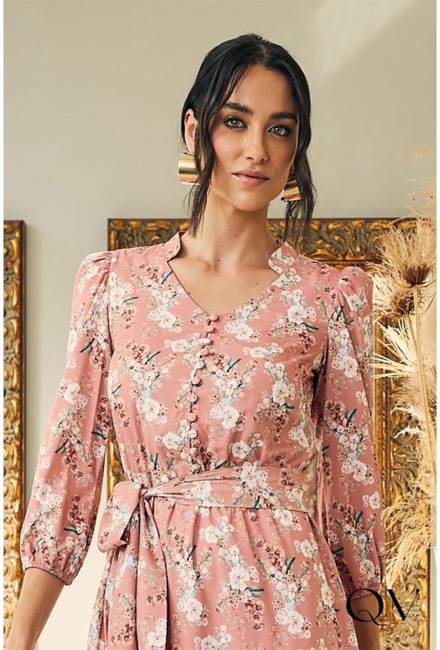 VESTIDO GODÊ GOLA PADRE FLORAL ROSA - JANY PIM VESTIDO GODÊ GOLA PADRE FLORAL ROSA - JANY PIM