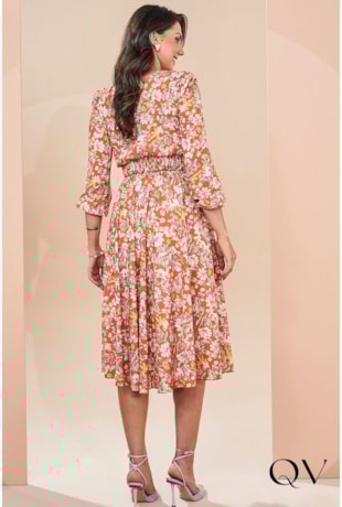 VESTIDO GODÊ LASTEX NA CINTURA FLORAL LARANJA - JANY PIM