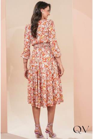 VESTIDO GODÊ LASTEX NA CINTURA FLORAL LARANJA - JANY PIM