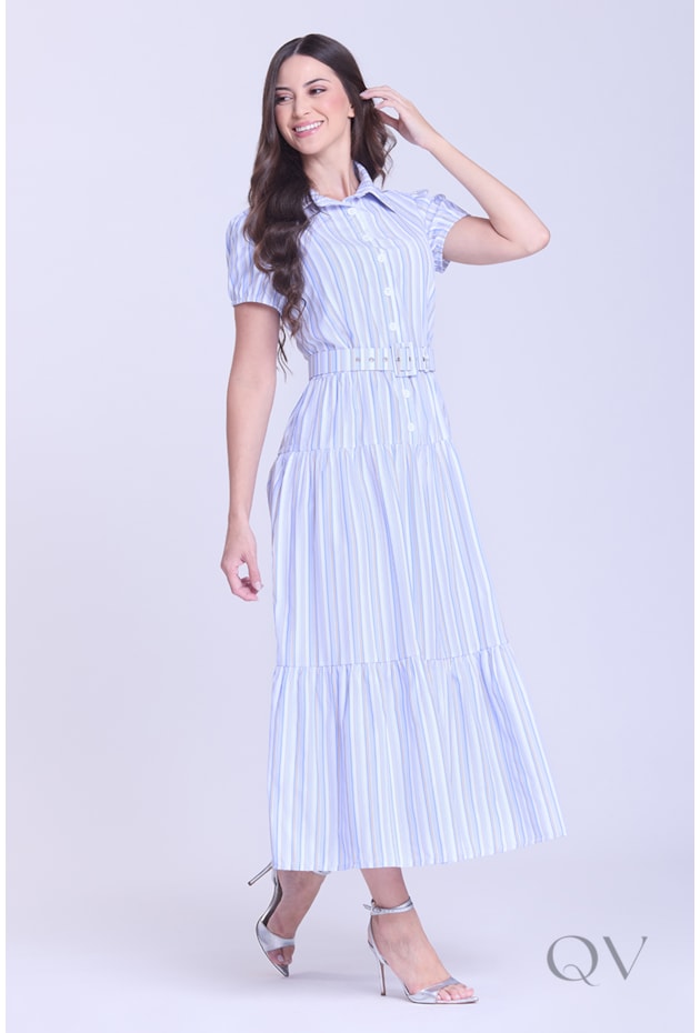 VESTIDO GODÊ LISTRADO EM TECIDO PLANO AZUL - HAPUK