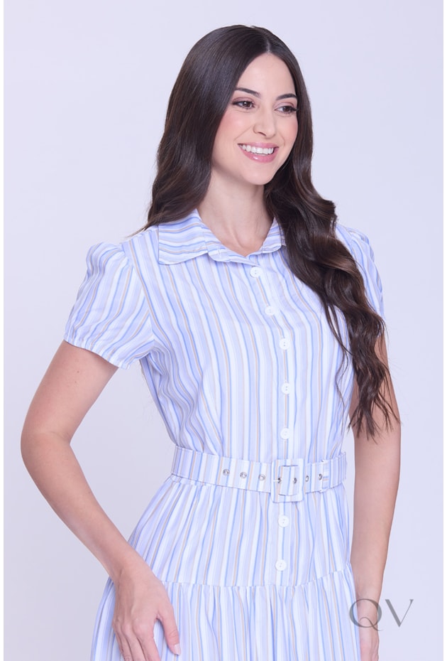 VESTIDO GODÊ LISTRADO EM TECIDO PLANO AZUL - HAPUK