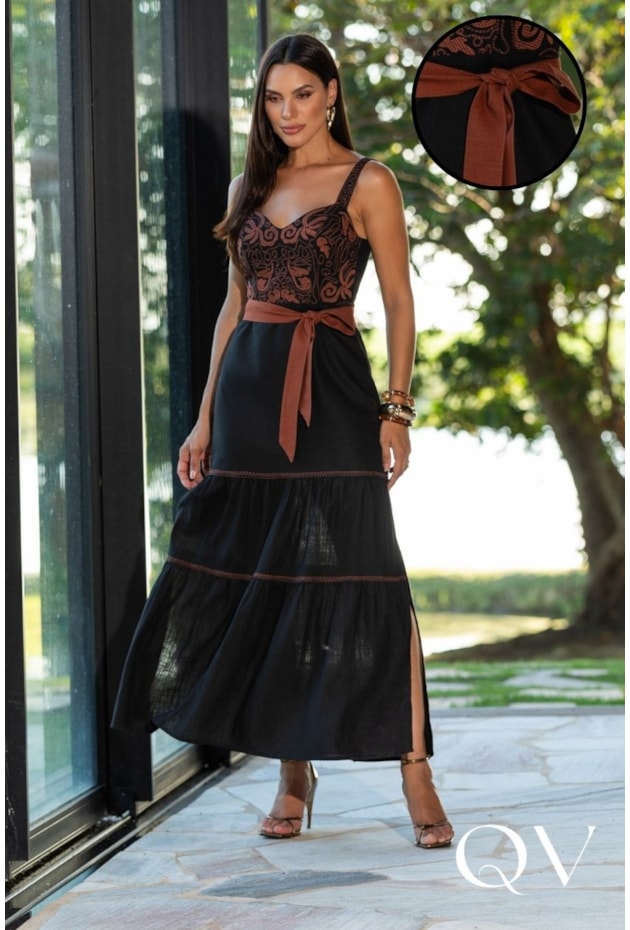 VESTIDO GODÊ LONGO EM LINHO PRETO - ARTSY