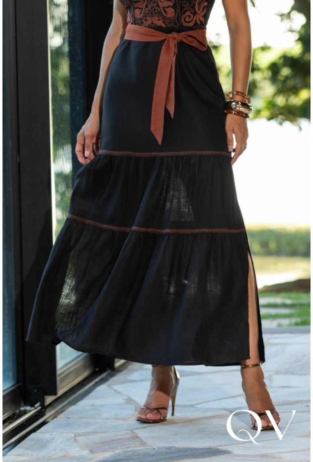 VESTIDO GODÊ LONGO EM LINHO PRETO - ARTSY