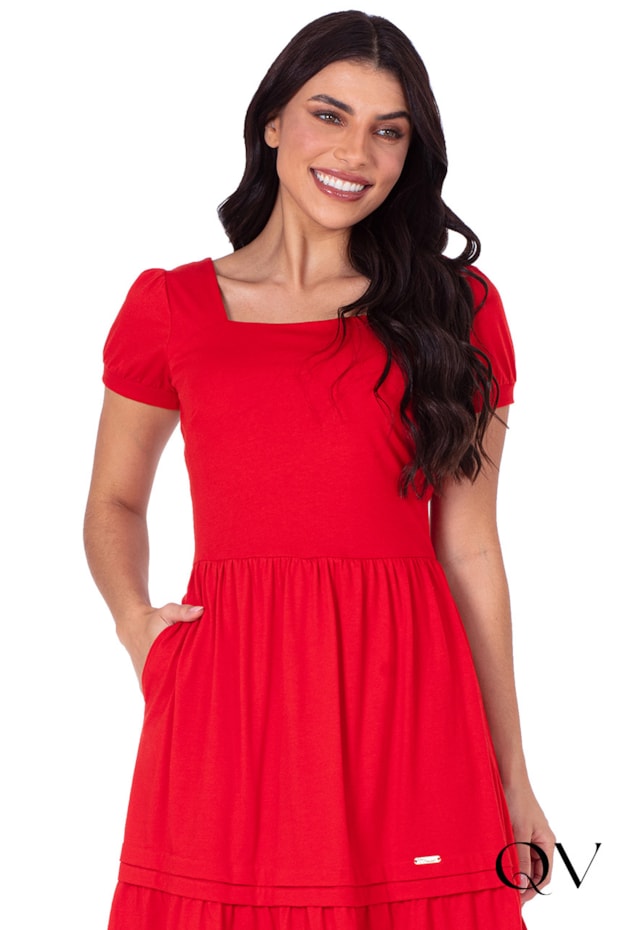 VESTIDO GODÊ MALHA DE ALGODÃO VERMELHO - HAPUK