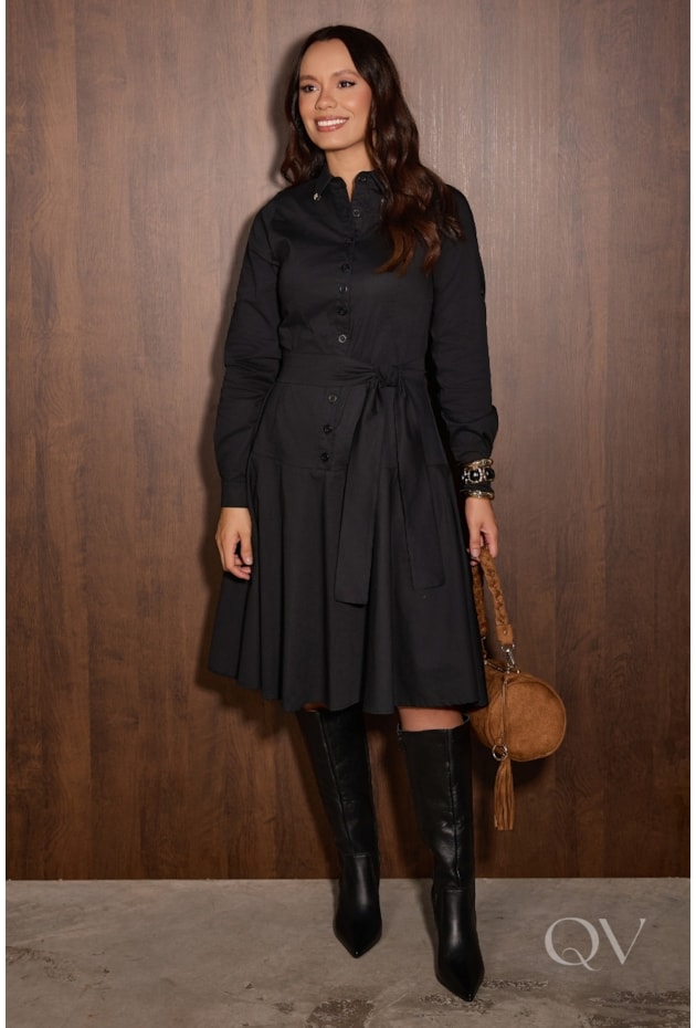 VESTIDO GODÊ MIDI EM TRICOLINE PRETO - JANY PIM