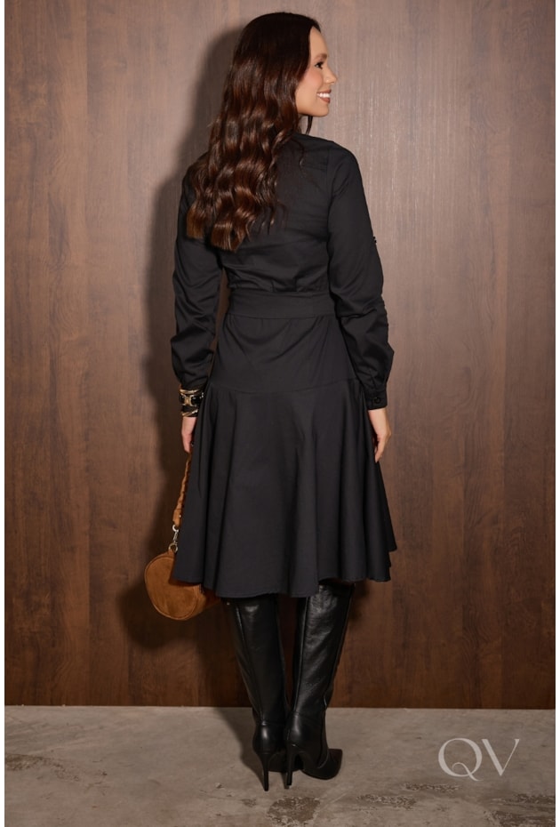 VESTIDO GODÊ MIDI EM TRICOLINE PRETO - JANY PIM
