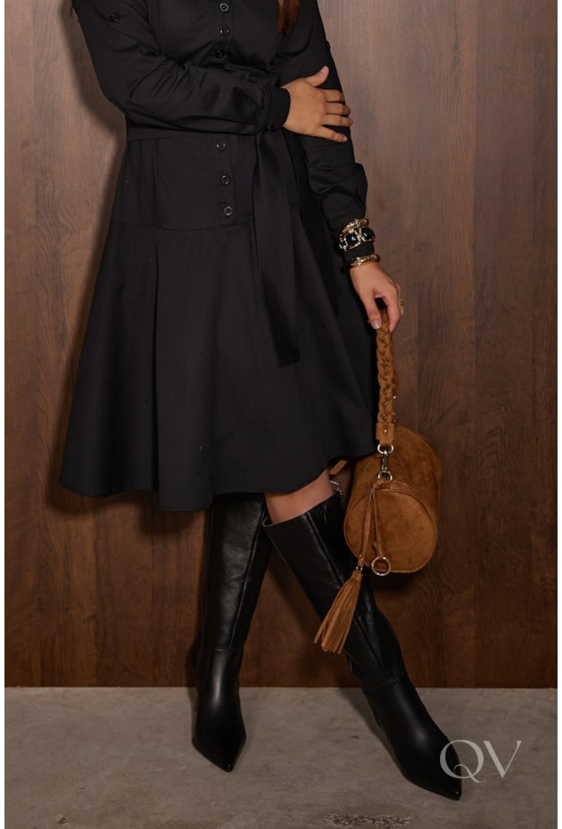 VESTIDO GODÊ MIDI EM TRICOLINE PRETO - JANY PIM