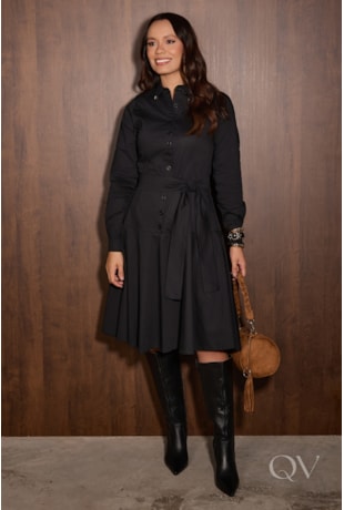 VESTIDO GODÊ MIDI EM TRICOLINE PRETO - JANY PIM