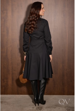 VESTIDO GODÊ MIDI EM TRICOLINE PRETO - JANY PIM