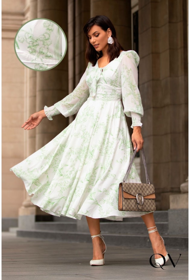VESTIDO GODÊ TOQUE DE SEDA COM PREGAS FLORAL - JANY PIM VESTIDO GODÊ TOQUE DE SEDA COM PREGAS FLORAL - JANY PIM