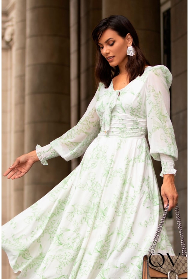 VESTIDO GODÊ TOQUE DE SEDA COM PREGAS FLORAL - JANY PIM VESTIDO GODÊ TOQUE DE SEDA COM PREGAS FLORAL - JANY PIM