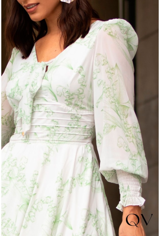VESTIDO GODÊ TOQUE DE SEDA COM PREGAS FLORAL - JANY PIM VESTIDO GODÊ TOQUE DE SEDA COM PREGAS FLORAL - JANY PIM
