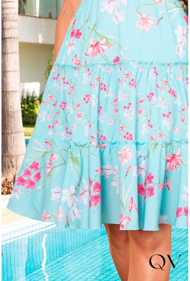 VESTIDO GODÊ TOQUE DE SEDA FLORAL AZUL - JANY PIM