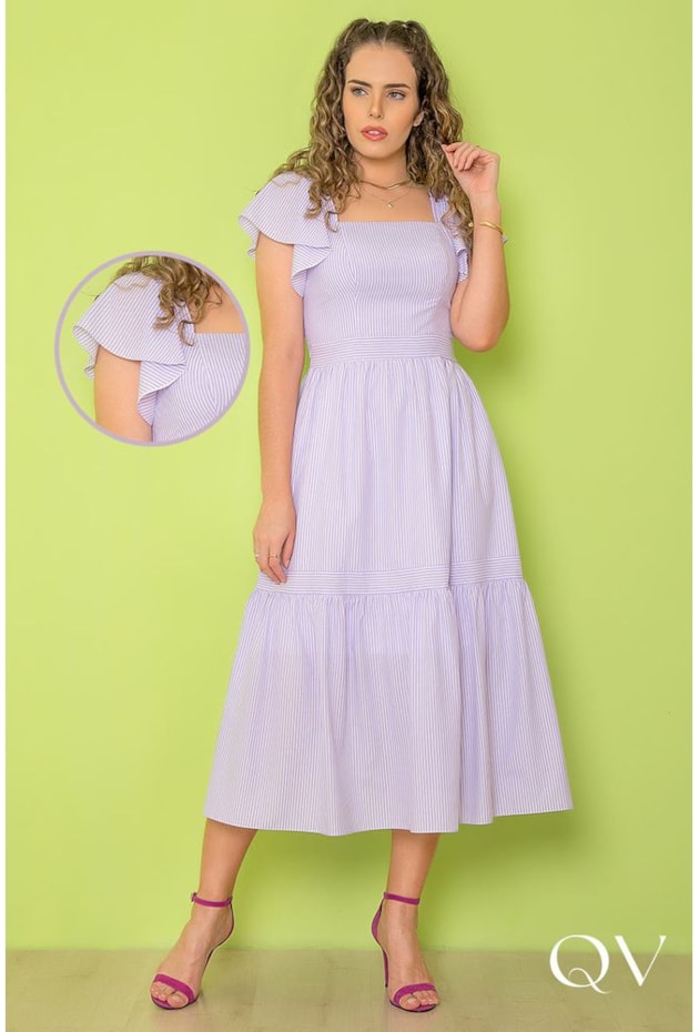VESTIDO GODÊ TRICOLINE LISTRAS LAVANDA - PURO SHARMY VESTIDO GODÊ TRICOLINE LISTRAS LAVANDA - PURO SHARMY