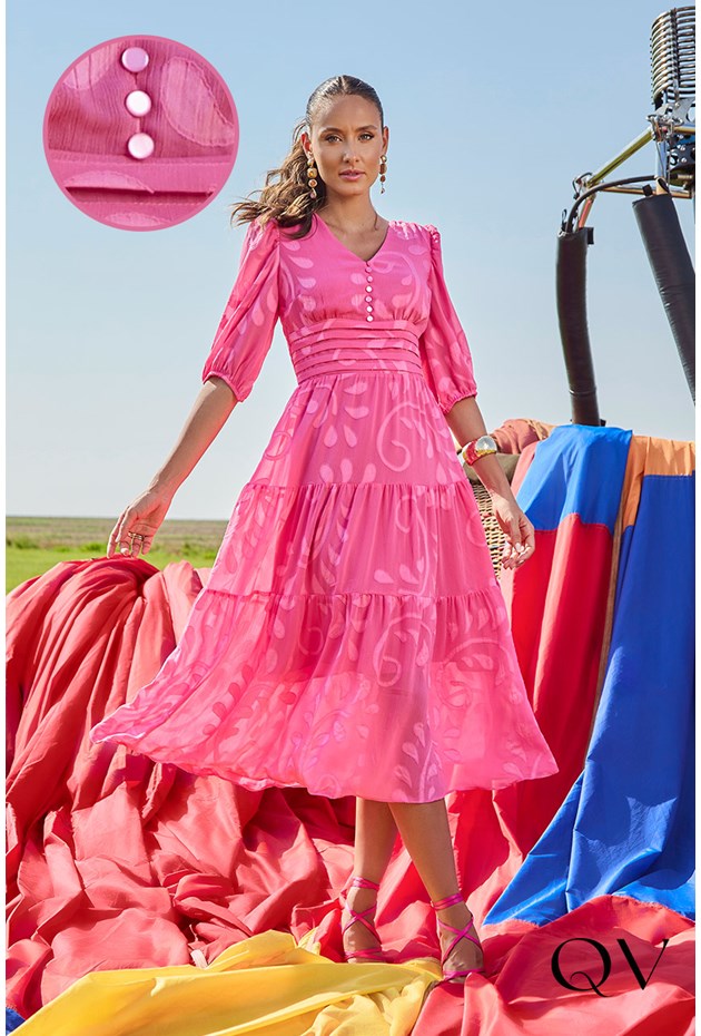 Vestido Longuete Chiffon Pink Jany Pim Moda Evangélica Feminina - QVestido