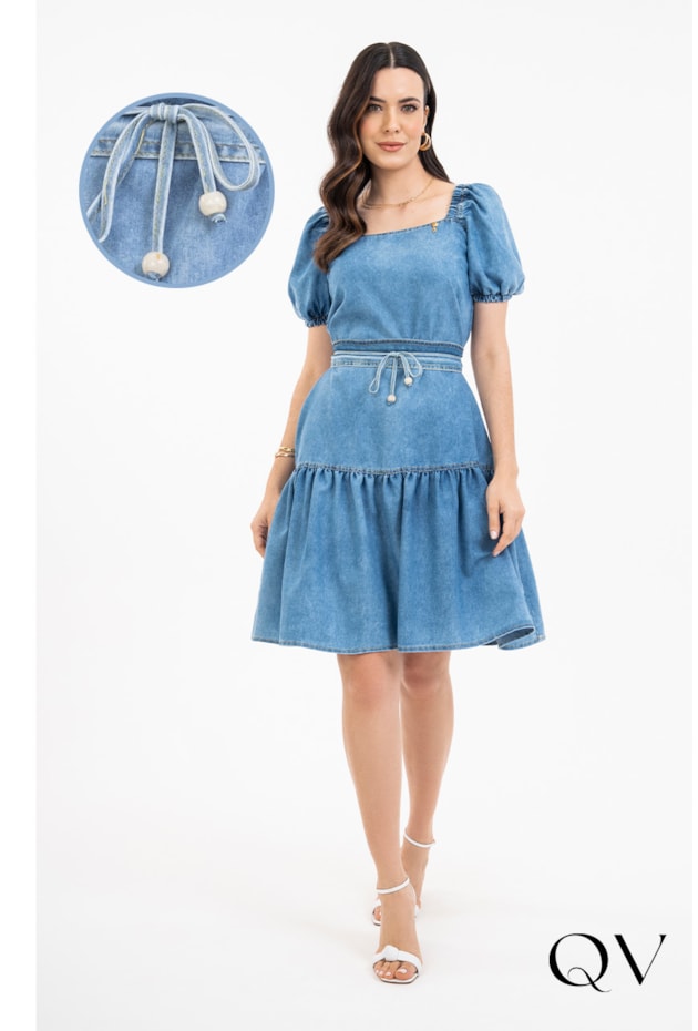 VESTIDO JEANS BARRADO GODÊ - VIA TOLENTINO VESTIDO JEANS BARRADO GODÊ - VIA TOLENTINO