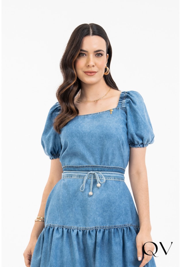 VESTIDO JEANS BARRADO GODÊ - VIA TOLENTINO VESTIDO JEANS BARRADO GODÊ - VIA TOLENTINO