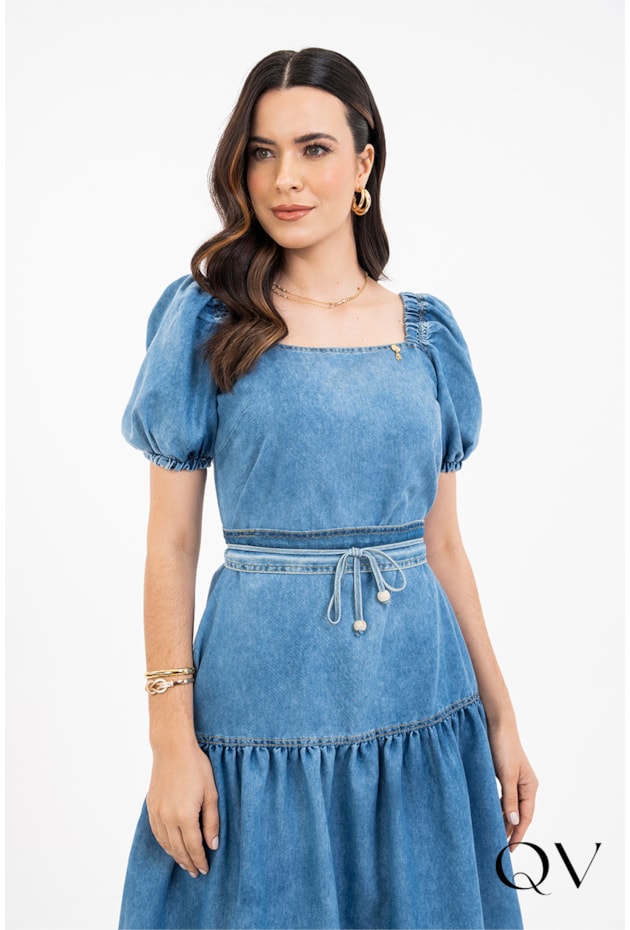 VESTIDO JEANS BARRADO GODÊ - VIA TOLENTINO VESTIDO JEANS BARRADO GODÊ - VIA TOLENTINO