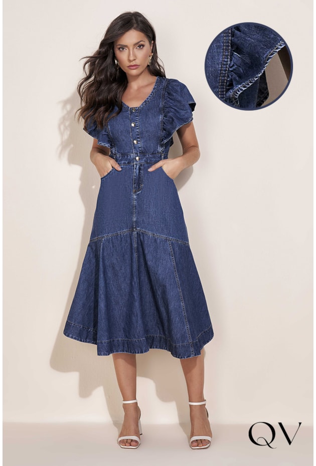 Vestido Jeans Com Recortes Titanium Jeans Moda Evangélica Feminina
