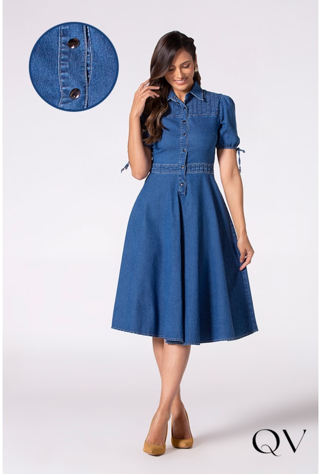 VESTIDO JEANS GODÊ MANGAS CURTAS COM AMARRAÇÃO - LAURA ROSA VESTIDO JEANS GODÊ MANGAS CURTAS COM AMARRAÇÃO - LAURA ROSA