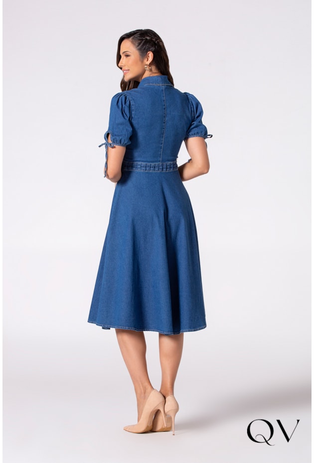 VESTIDO JEANS GODÊ MANGAS CURTAS COM AMARRAÇÃO - LAURA ROSA VESTIDO JEANS GODÊ MANGAS CURTAS COM AMARRAÇÃO - LAURA ROSA