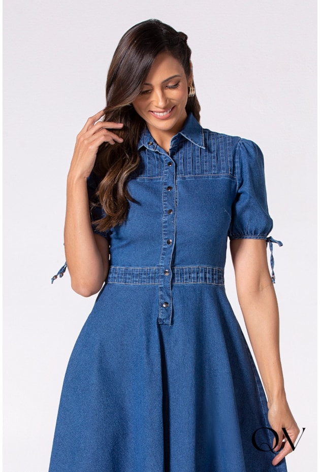 VESTIDO JEANS GODÊ MANGAS CURTAS COM AMARRAÇÃO - LAURA ROSA VESTIDO JEANS GODÊ MANGAS CURTAS COM AMARRAÇÃO - LAURA ROSA