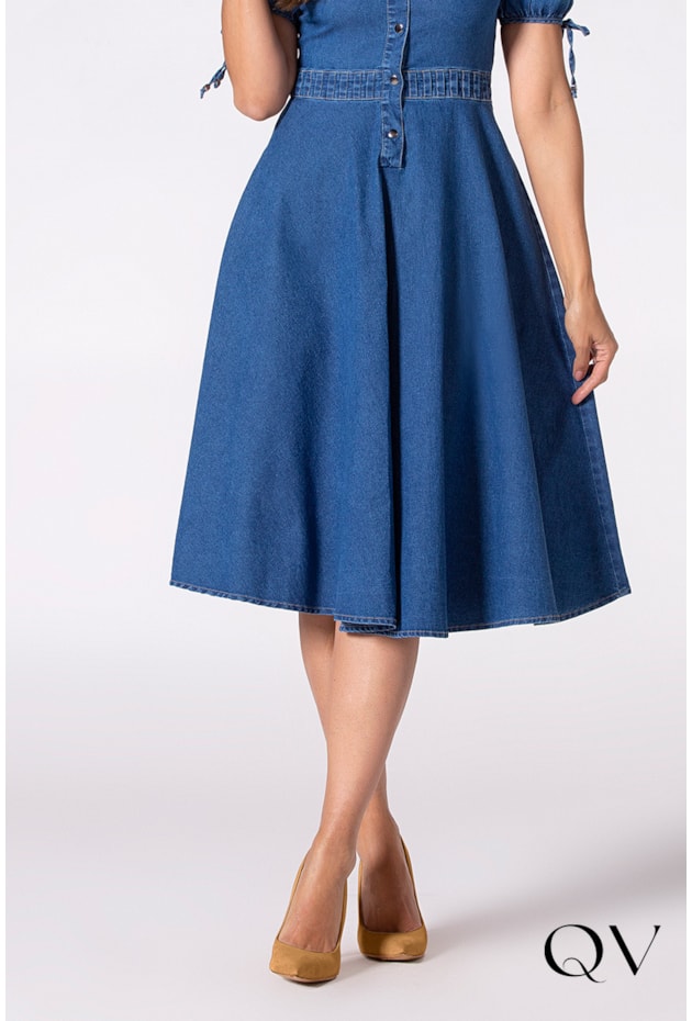 VESTIDO JEANS GODÊ MANGAS CURTAS COM AMARRAÇÃO - LAURA ROSA VESTIDO JEANS GODÊ MANGAS CURTAS COM AMARRAÇÃO - LAURA ROSA