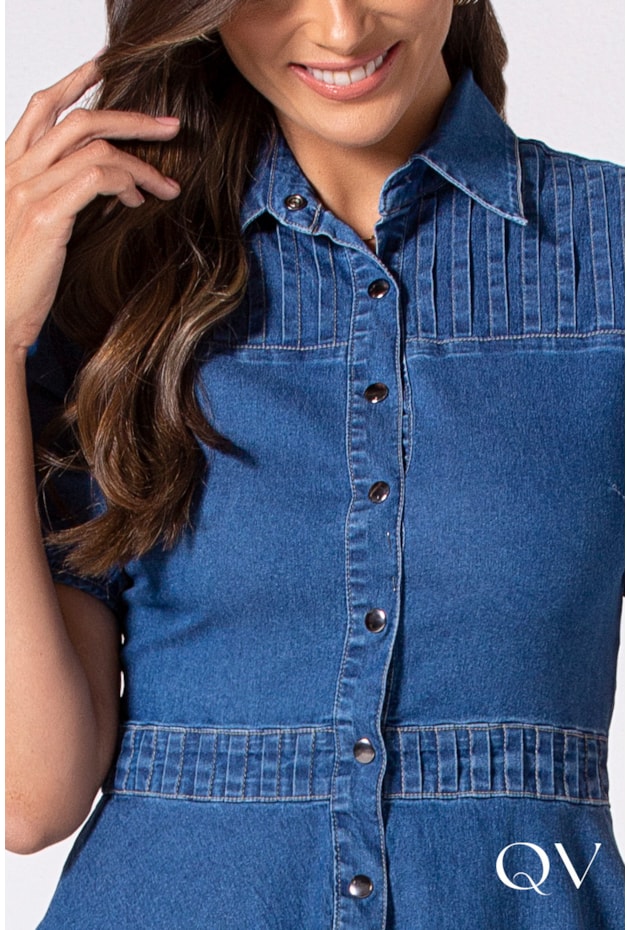 VESTIDO JEANS GODÊ MANGAS CURTAS COM AMARRAÇÃO - LAURA ROSA VESTIDO JEANS GODÊ MANGAS CURTAS COM AMARRAÇÃO - LAURA ROSA