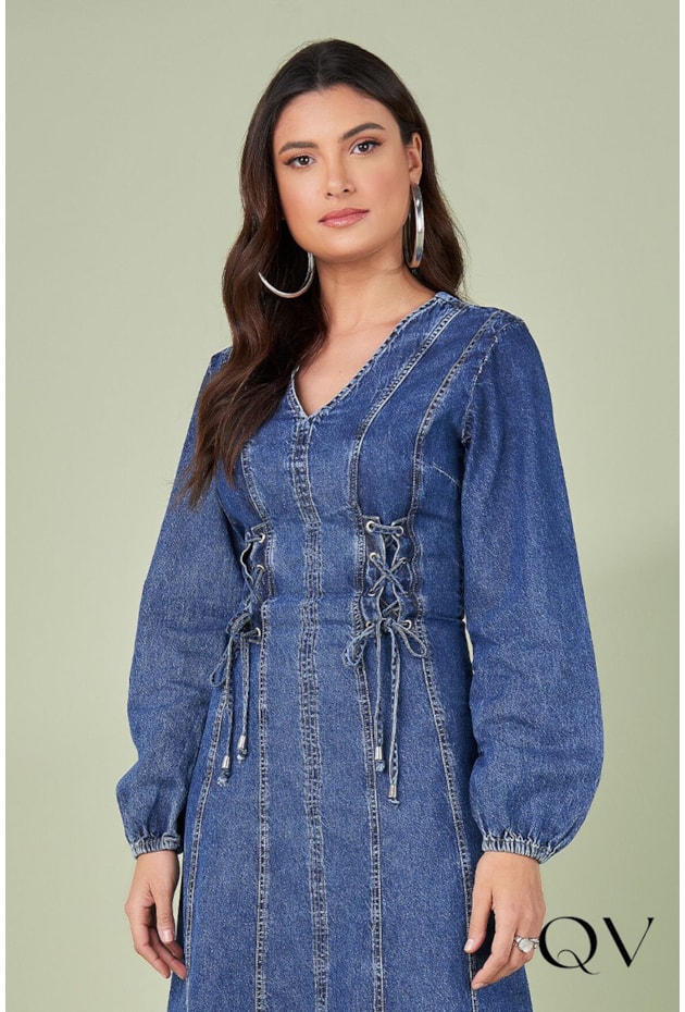 VESTIDO JEANS MAXI MIDI DETALHE ILHÓS - TITANIUM JEANS