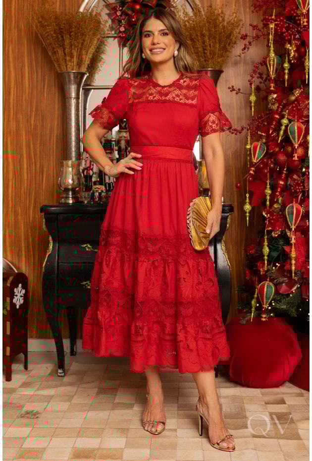 VESTIDO LAISE COM ENTREMEIOS EM VOIL VERMELHO - LUZIA FAZZOLLI