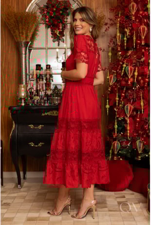 VESTIDO LAISE COM ENTREMEIOS EM VOIL VERMELHO - LUZIA FAZZOLLI