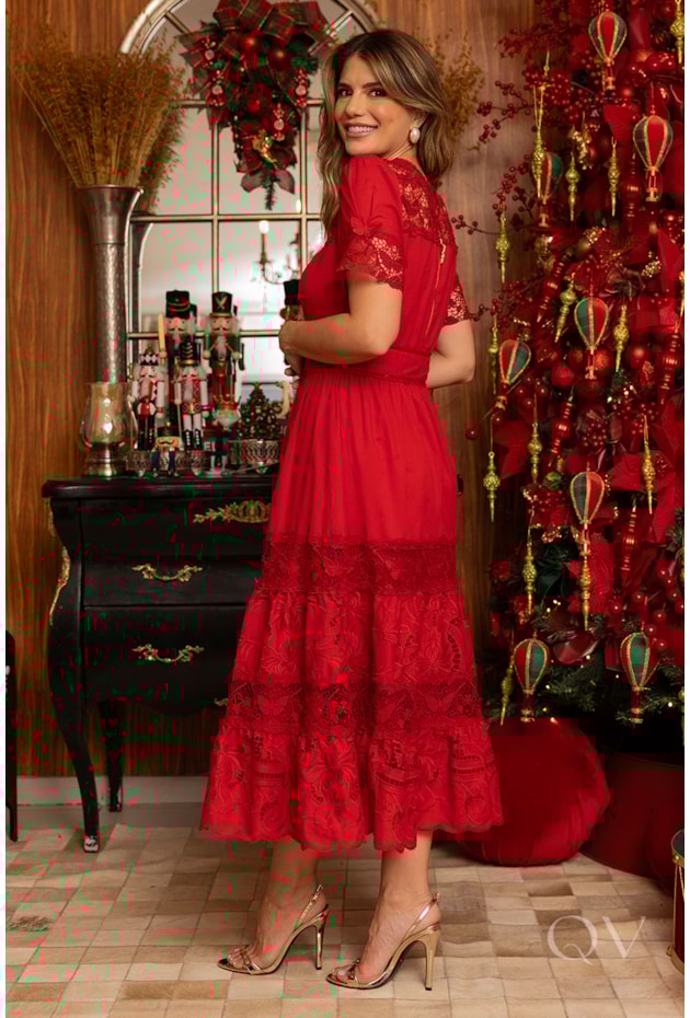 VESTIDO LAISE COM ENTREMEIOS EM VOIL VERMELHO - LUZIA FAZZOLLI