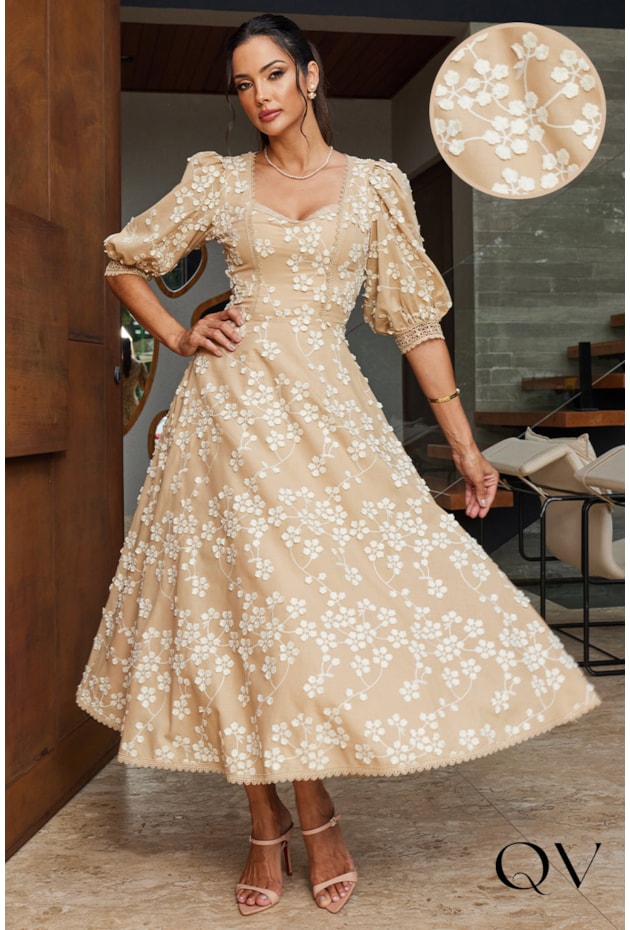 Vestido Laise Decote Coração Bege Doce Maria QVestido Moda Feminina