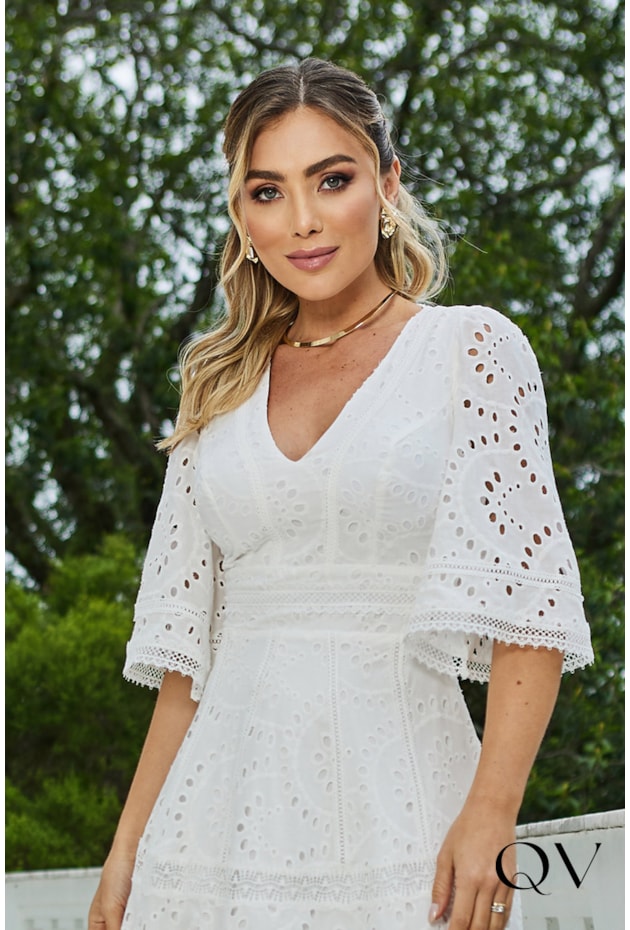 VESTIDO LAISE DECOTE V BRANCO - DOCE MARIA