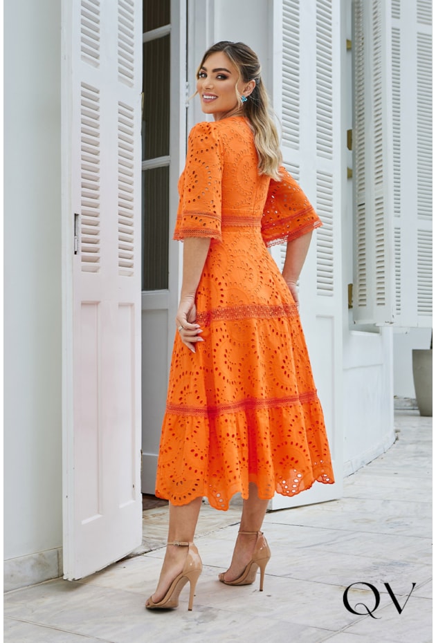 VESTIDO LAISE DECOTE V LARANJA - DOCE MARIA